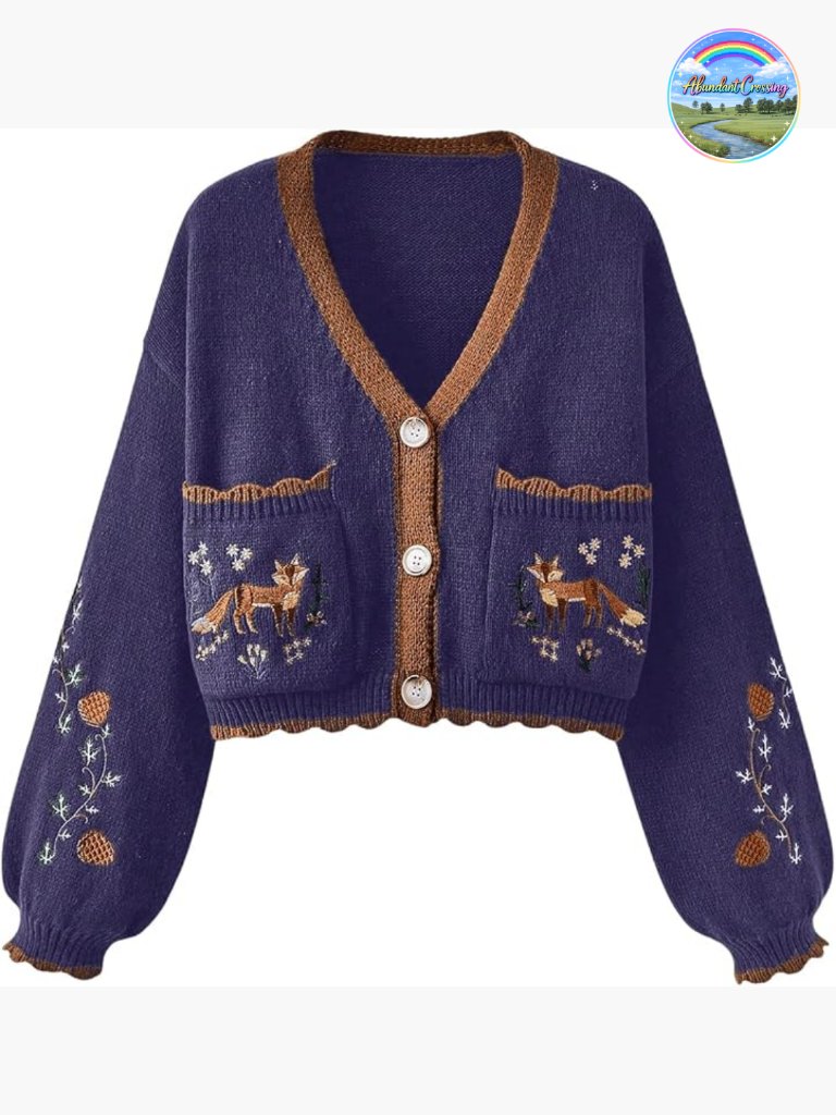 Embroidered Cropped Cardigan, Open Front V-Neck Button Up, Soft